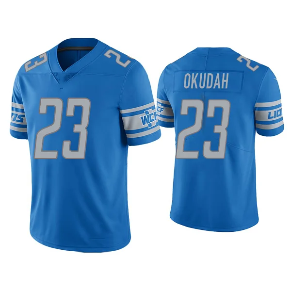 
New Style Wholesale China Detroit Stitched American Football Jerseys Custom Lion Sports Team Jersey 23 OKUDAH White &Blue 