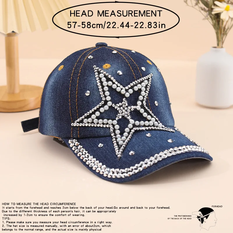 Summer Women Washed Denim Fashion Peaked Pearl Rhinestone Decor Denim Star Design Denim Baseball Cap