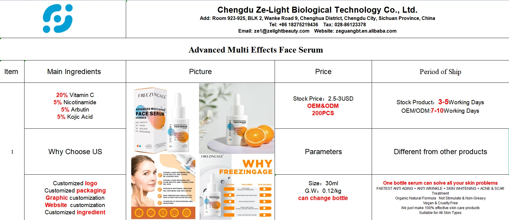 New Skin Care Serum Facial 4 in 1 Whitening Anti Age Face Serum  30% Vitamin C 5% Niacinamide  5% Arbutin 5% Kojic Acid Serum