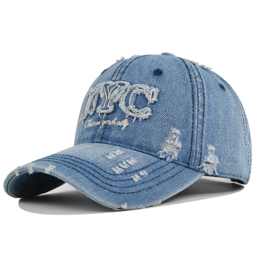 Baseball Hat  NYC Distressed Adjustable Strapback  Washed Denim Hat for men and woman