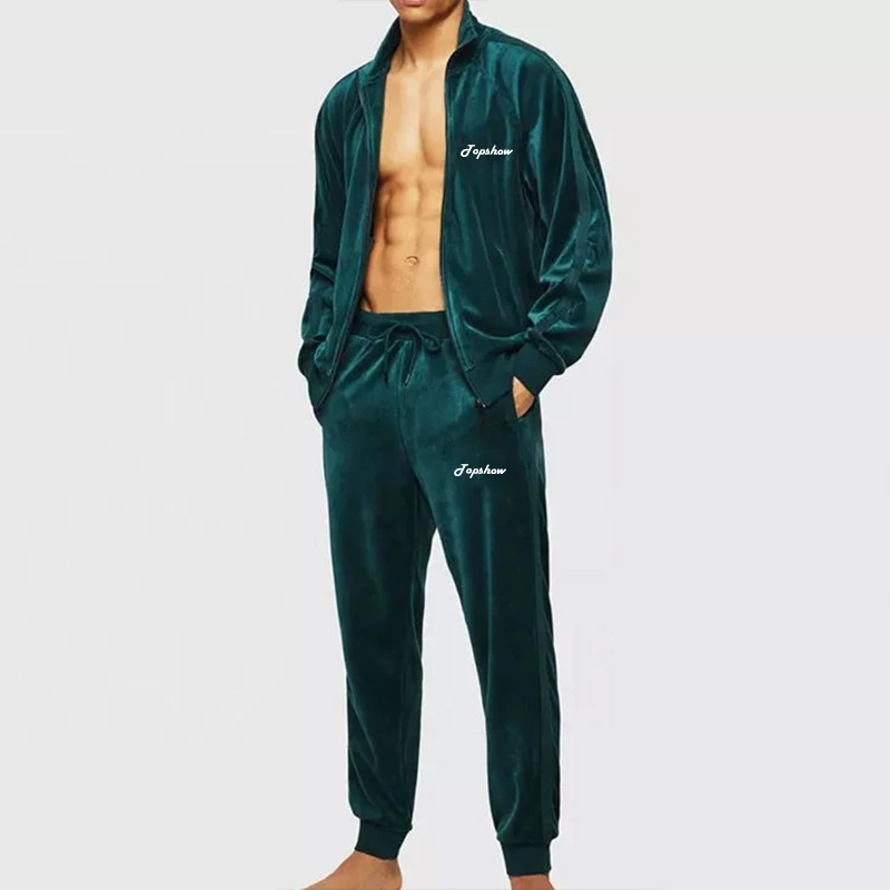 Custom Quality Green Velour Velvet Tracksuit Sportswear Suit Fleece Luxury Velour Tracksuits For Men