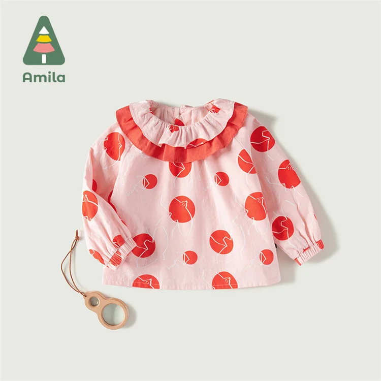 Breathable Printed Floral Doll Collar Kids Long Sleeve Shirt T-Shirt For Girls