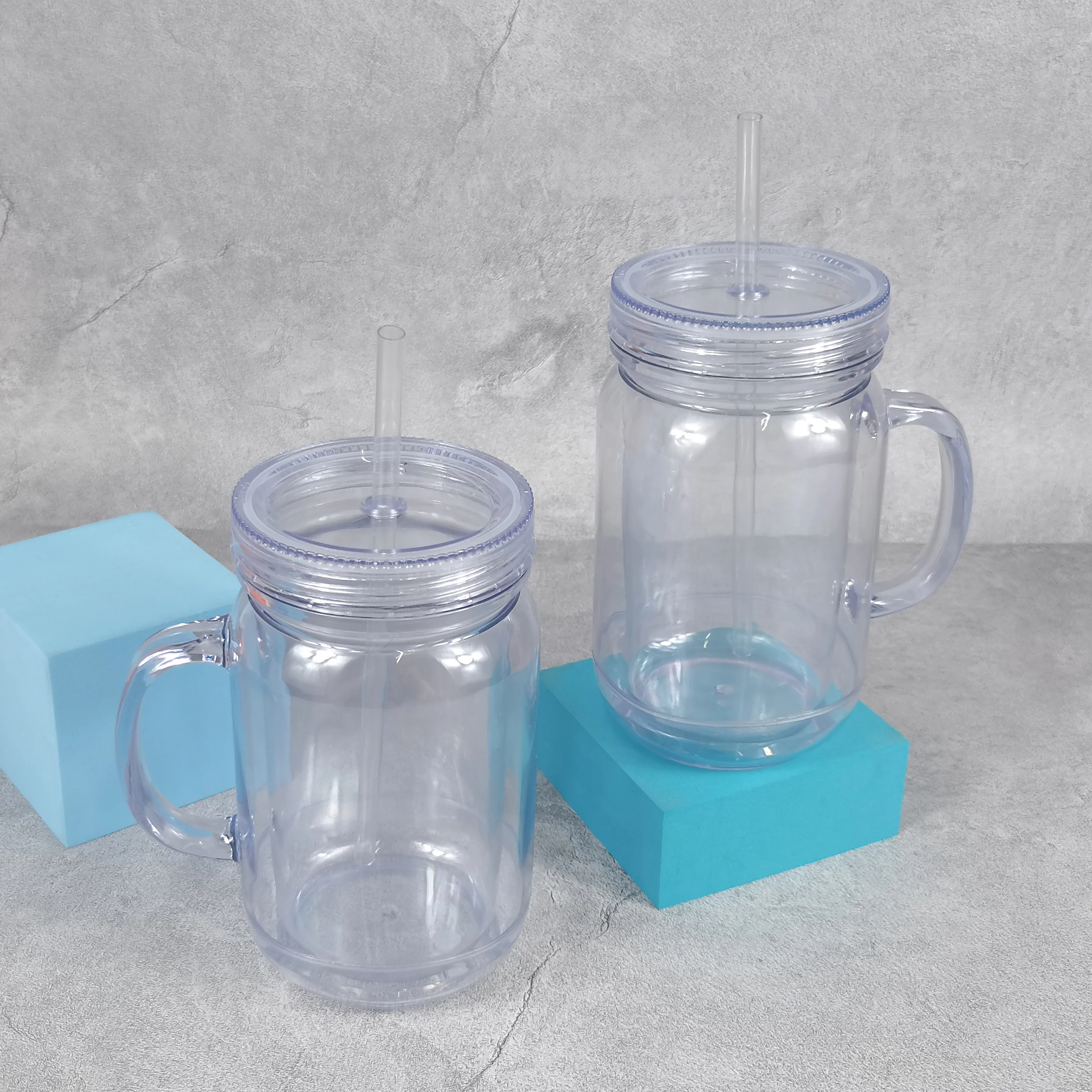 Eco-friendly Acrylic snow globe 20oz clear can cups jar with handle double walled clear plastic water bottle for uv dtf sticker