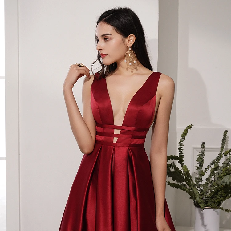 Сексуальное Красное Атласное Вечернее платье для выпускного вечера с V-образным вырезом и открытой спиной