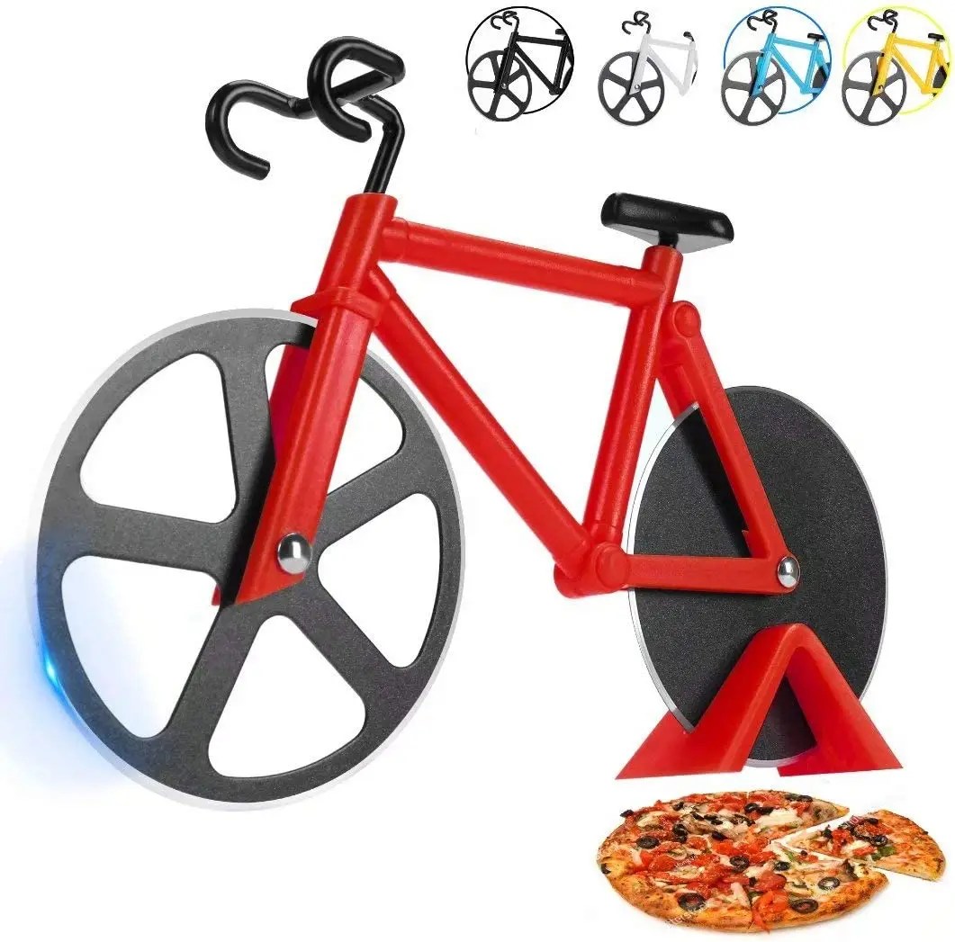 Dual Stainless Steel Cutting Wheels Bicycle Pizza Cutter With a Stand