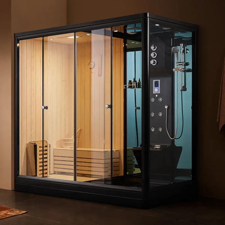 black steam room with wood sauna combined shower room