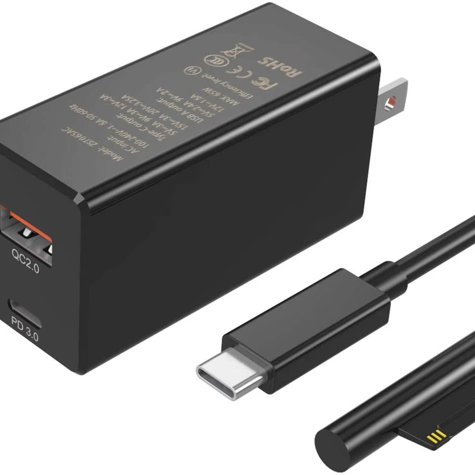 65W GaN USB C PD 3.0 QC 2.0 Charger, Lenvon Laptop AC Power Adapter Battery Supply Mini Travel Charger USB C to Slim Tip Cable f