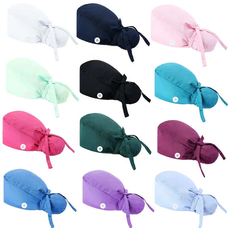 Mix Color Cotton Long Hair Medical Solid Color Adjustable Hat With Button Nurse Accessories