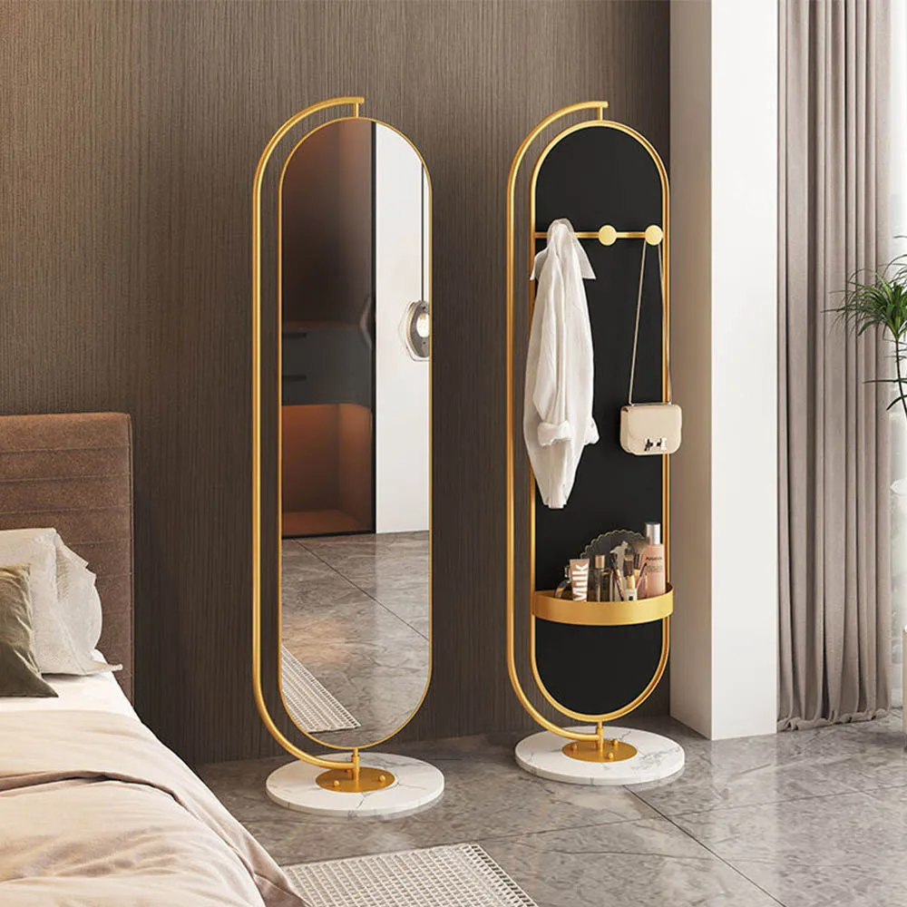 Household Luxury Rotatable Oval Gold Metal Framed Floor Length Standing Mirror With Storage For Bedroom Dressing Room