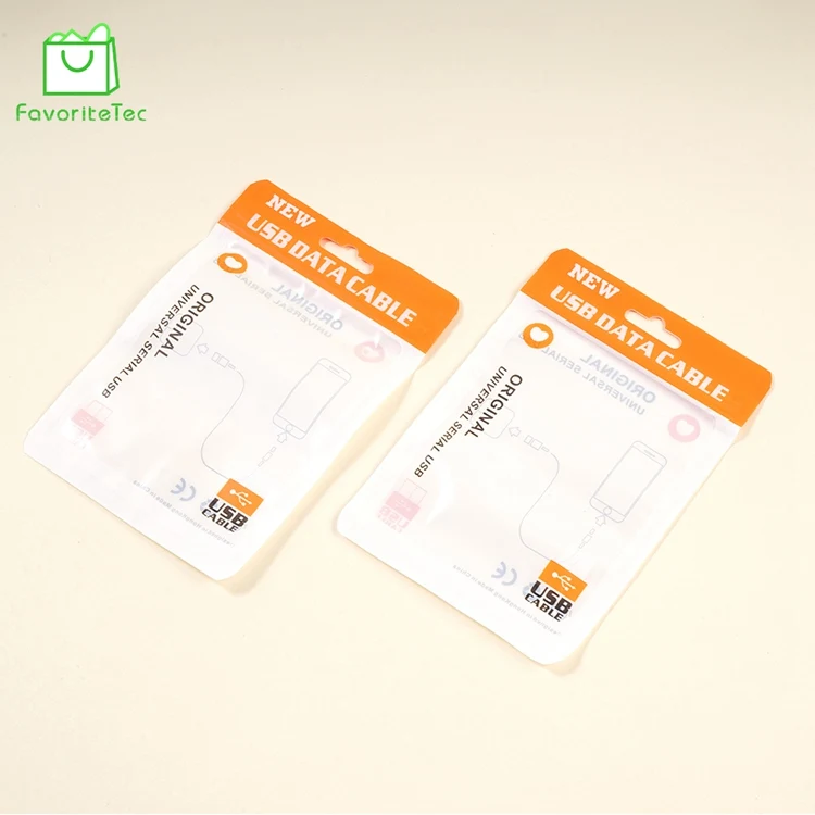 Custom Printed Transparent Plastic Zipper Bag Packing USB Cable With Hang Hole