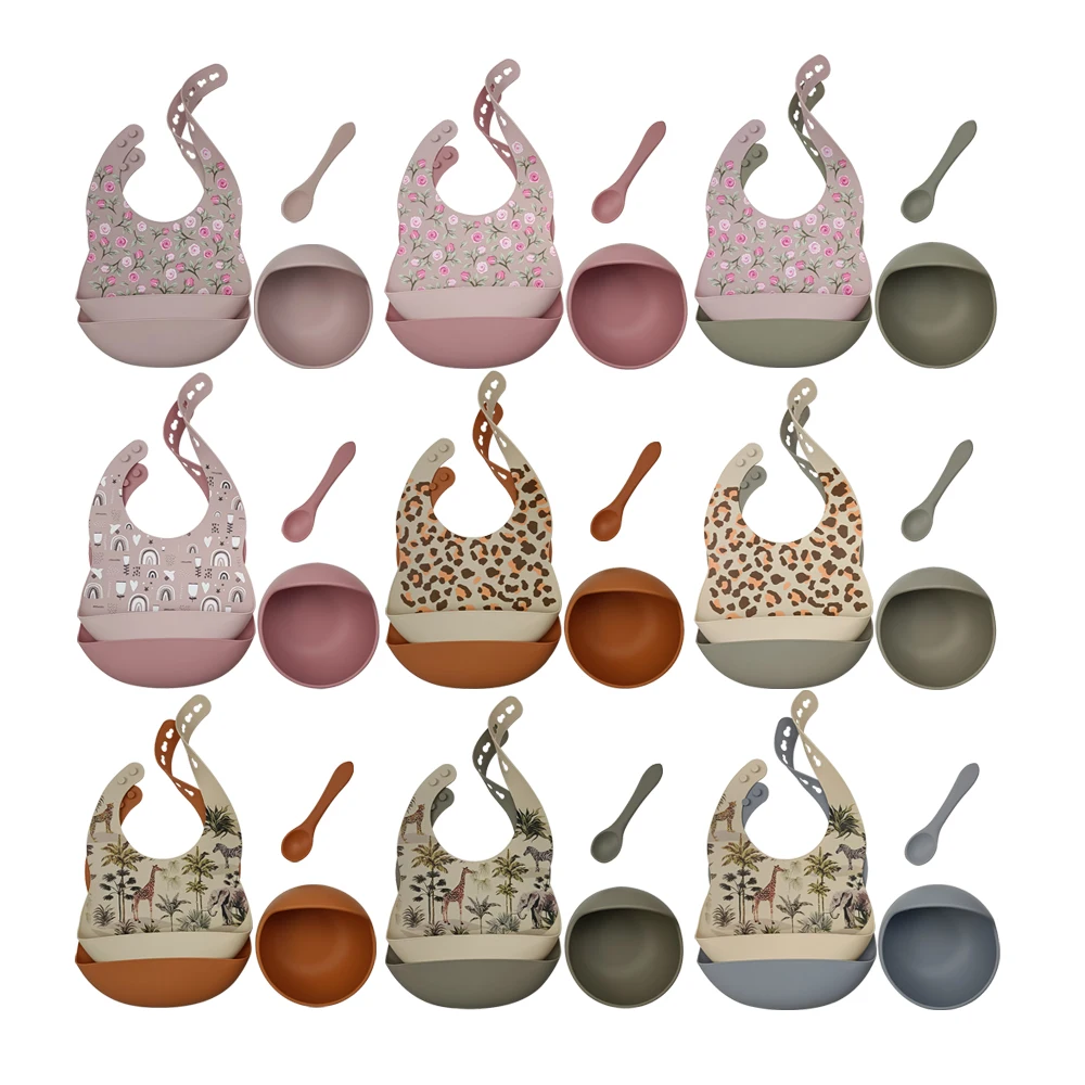 Ready to Ship Silicone Baby Feeding Eating Set of 4 Pcs Printed Bib Suction Plate Bowl Spoon Pacifier Baby Dishes Logo Custom