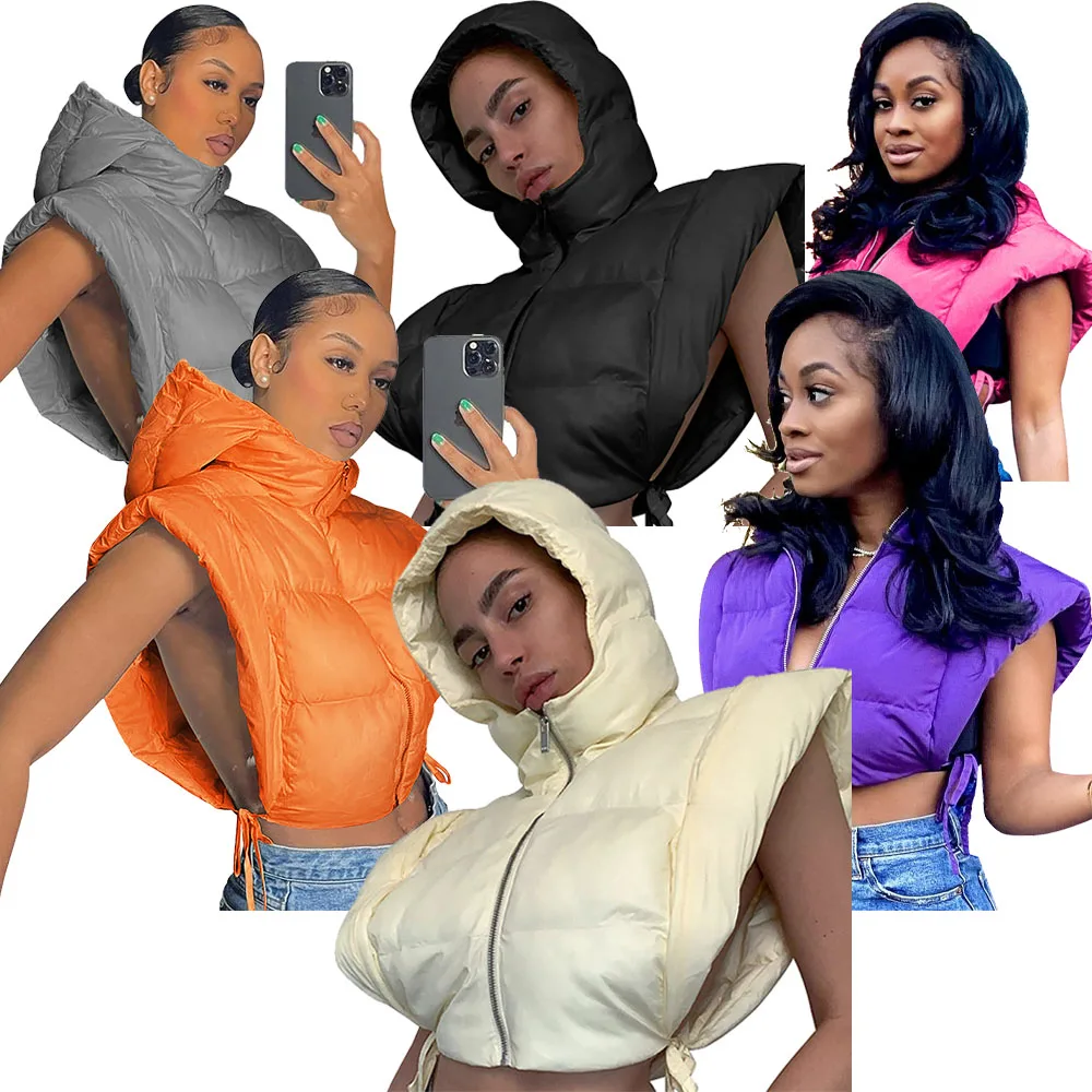 Hot Sale Puff jacket Womens Vest Outerwear Cotton Padded Zipper Ladies Hooded Jacket Custom Puffer Reversible Cropped Vest