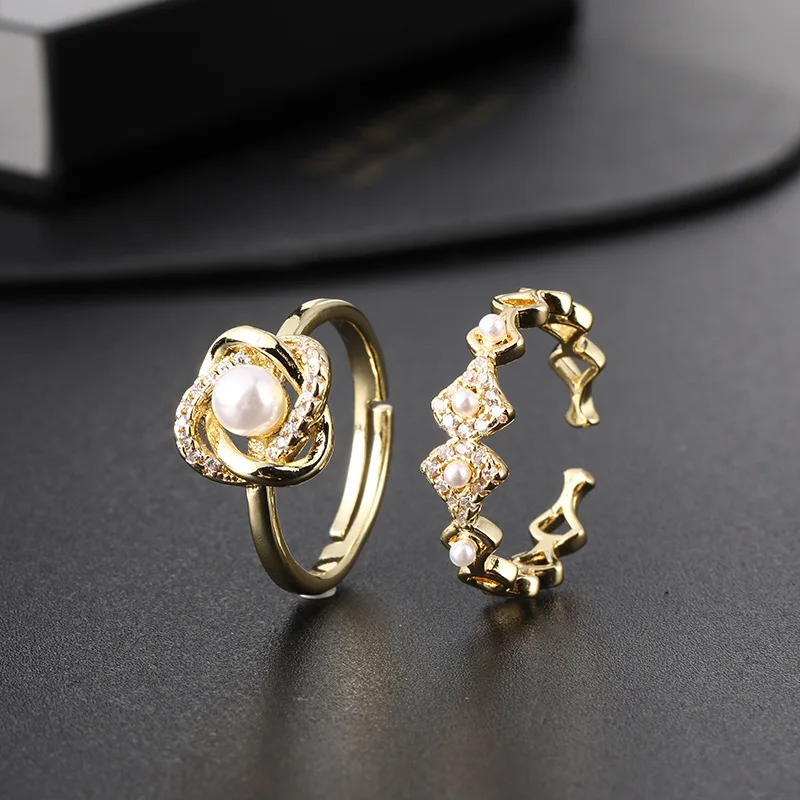 Light luxury retro fashion index finger ring geometric open tail 22K real gold plated pearl ring