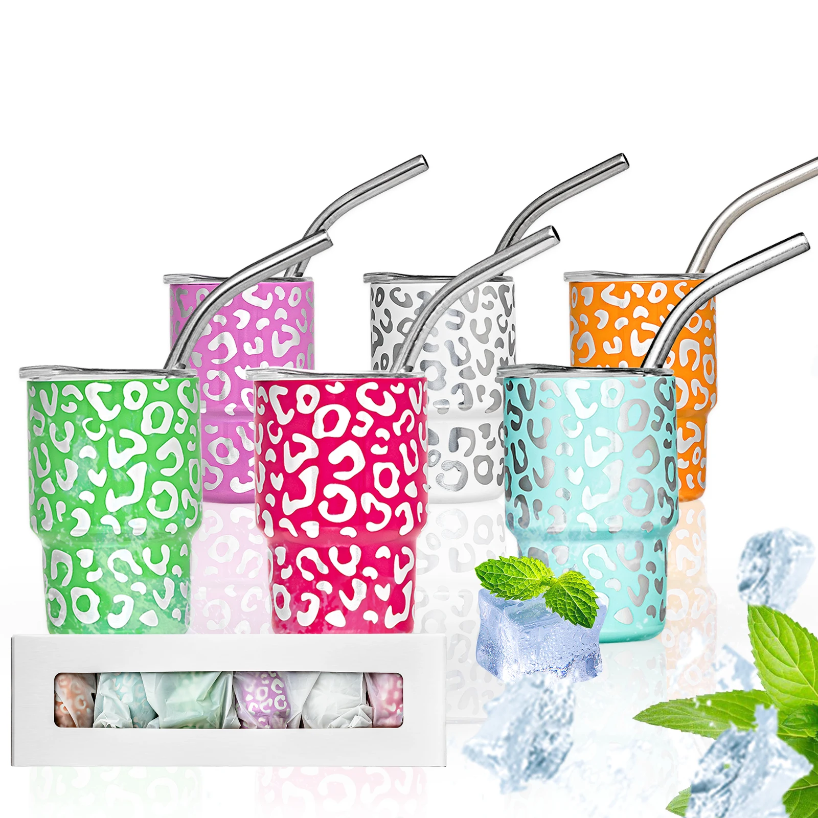 New Leopard 3oz Stainless Steel Tumbler Sublimation Blanks Double Wall Small Metal Mini 2oz Shot Glass Tumbler With Straw Lid