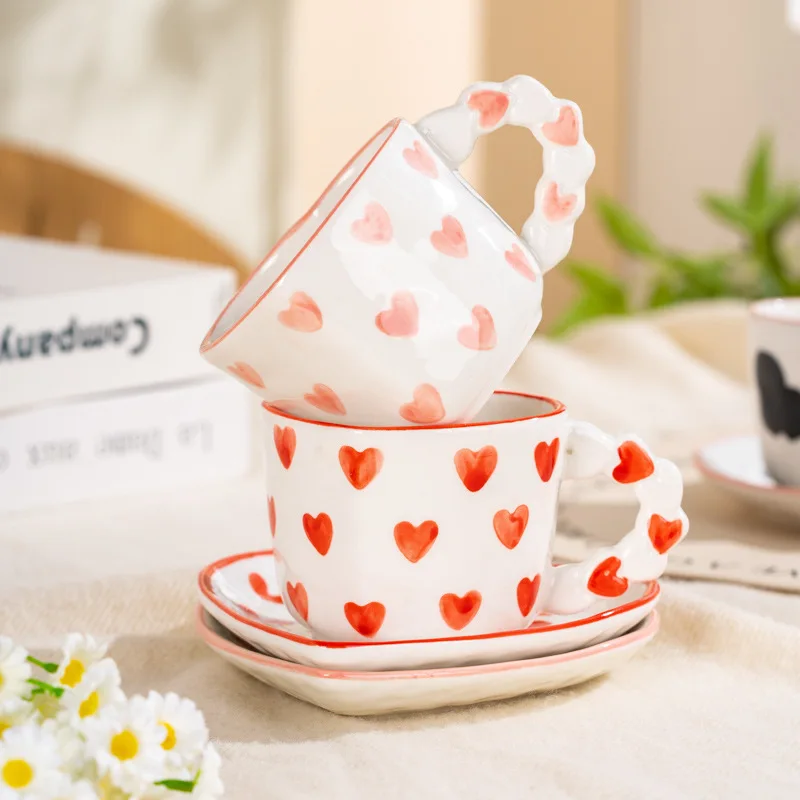 Creative, cute, fresh, hand-painted love pattern coffee cup, heart-shaped ceramic cup, tea tray, drinking cup