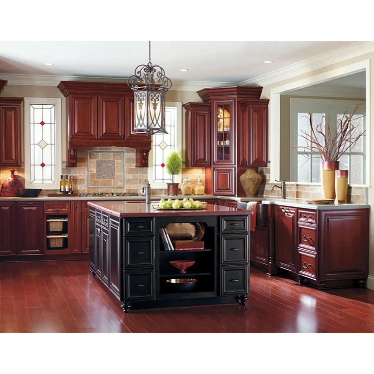 Custom european style red cherry real solid wood cabinet furniture rosewood kitchen cabinets set designs with island