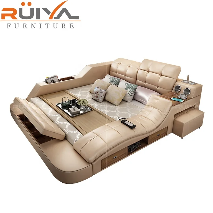 Modern Leather Fabric Bed with Storage Box Function Bedroom Furniture Set Chesterfield Style Multimedia Speaker USB Charger