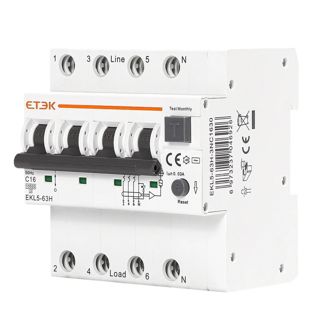 ETEK 4 poles rcbo 16A TPN AC Type C Curve 4P RCBO breaker 30mA tripping Curve C rcbo circuit breaker uk