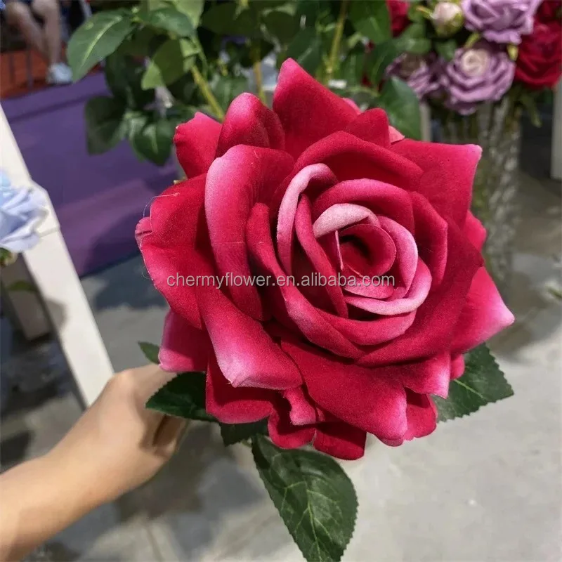 CM-TH883 Large Head Velvet Rose Artificial Red Pink Rose Velvet Flower for Home Decor