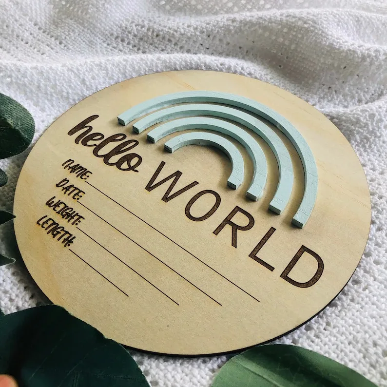 Custom Factory Laser Engrave Wooden Discs Baby Milestone Cards 3D Rainbow Newborn Baby Birth Announcement Wood Sign Card//