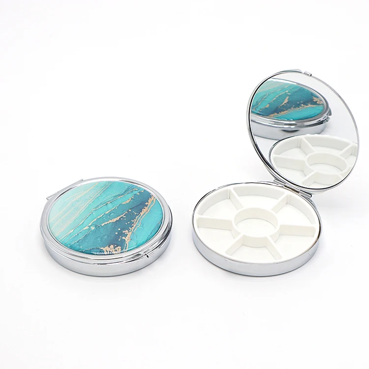 Customized Logo customized designs round shape MOQ free Storage Metal Folding pill case mini mirror