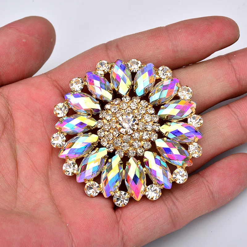 JUNAO Top Quality 50mm Sew On Crystal AB Rhinestone Big Rhinestones With Gold Claw For DIY Garment