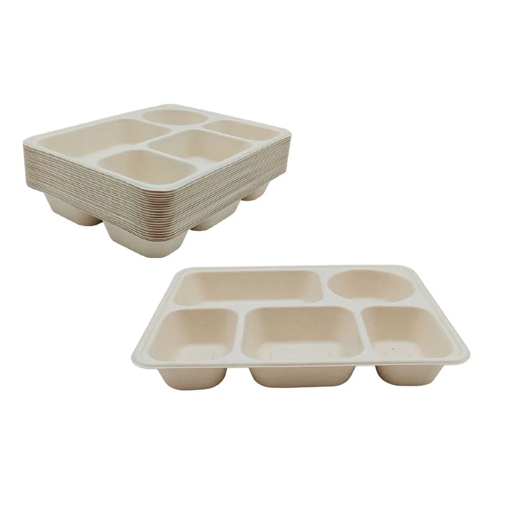 To-go Box Disposable Biodegradable Bagasse pulp 5 compartment Sugarcane food container with lid