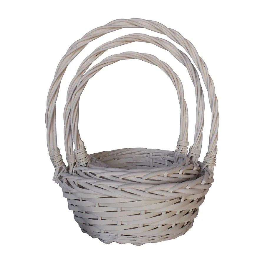 2019 hot small round wicker fruit gift baskets with long handle set of 3 in white color