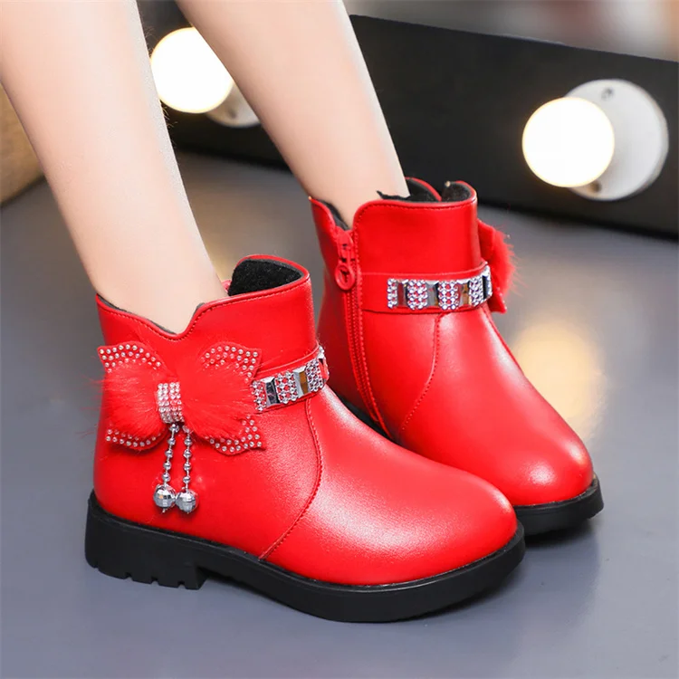 Children cotton boots rhinestone ankle boots princess fashion bow leather boots