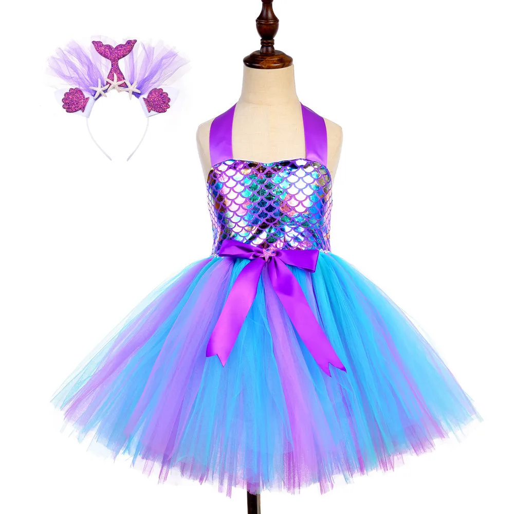 
Drop Shipping Pretty Mermaid Scaly Mesh Tutu Dress For Girls With Headband 