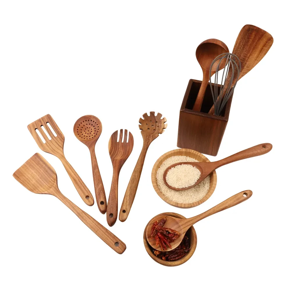 Non Stick Kitchen Teak Wood Cook Tools Set Spoon Spatula Kitchen Acacia Wooden Cooking Utensils Set
