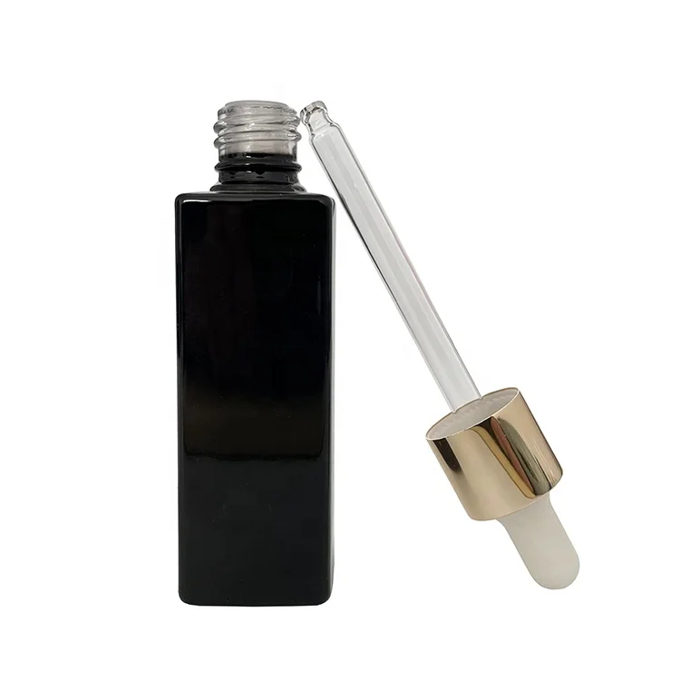 
30ml shinny black square glass dropper bottle with white butyl rubber 