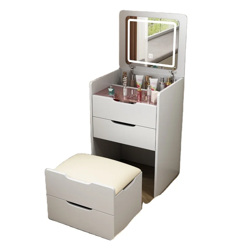 Vanity Desk Set with LED Lighted Mirror & Power Outlet Dressing Makeup Table Set with Storage Stool