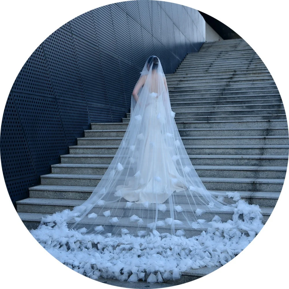 2023  Wedding Veil with Blusher Soft Tulle Veil 2 tier Cathedral Length Bride 5M Flowers Veil with comb Brida