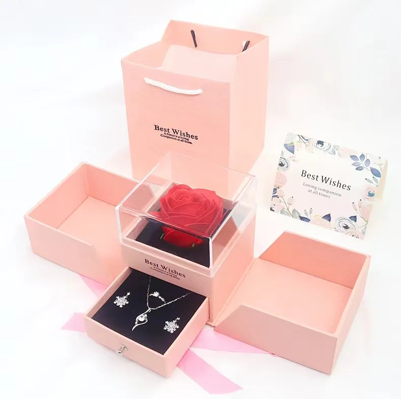 flower Valentine  Acrylic Eternal Roses Jewelry Gift Box stock Preserved Real Rose Flowers With Jewelry Box