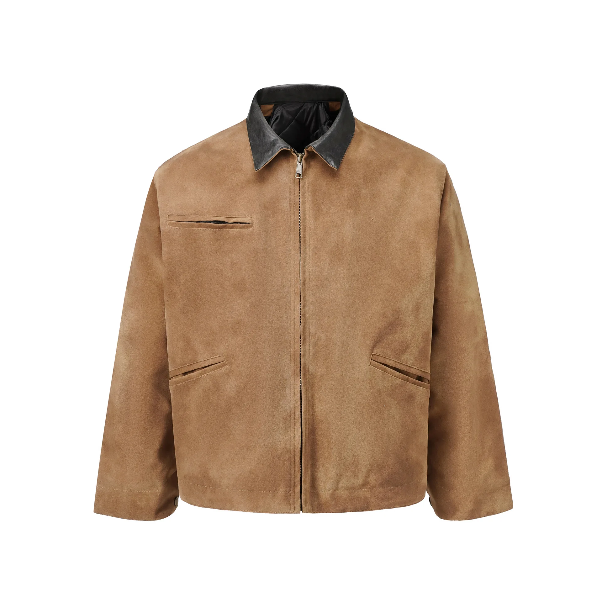 Lapel washed casual faux deer skin jacket Vintage wash faux suede leather jacket Casual work driver trucker jacket
