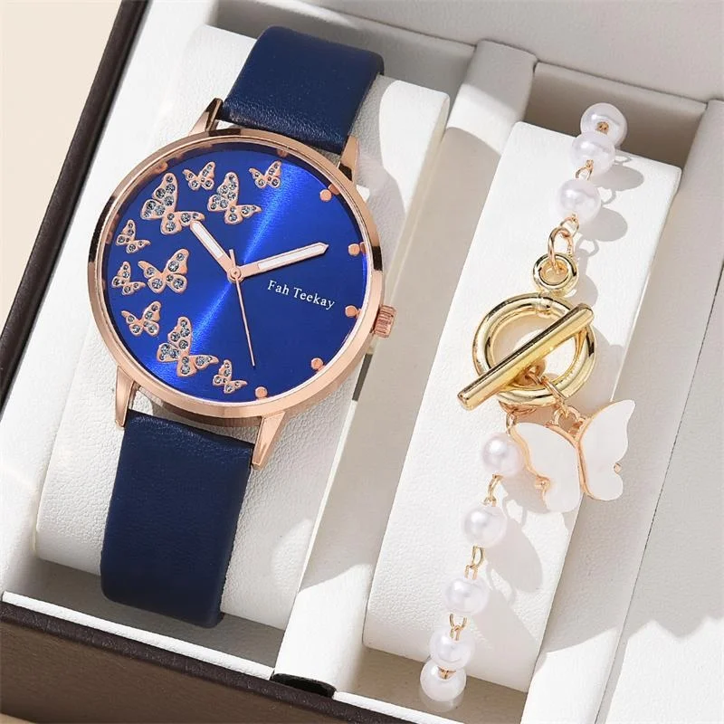 Many Different Colors Fashion Pearl Bracelet with Lady butterfly Belt Quartz Watch Set Jewelry
