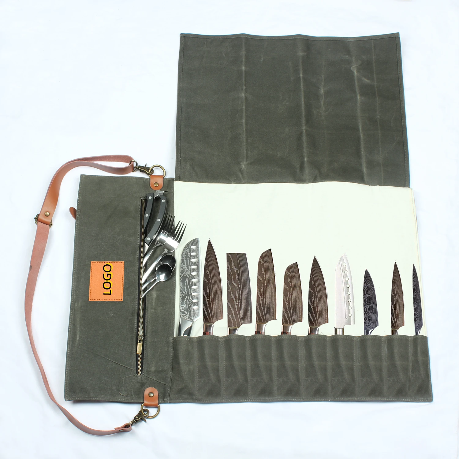 Factory Customize Knife Bag Chef Canvas Roll Bag Custom Leather Carrying Storage Case with 11 Pocket