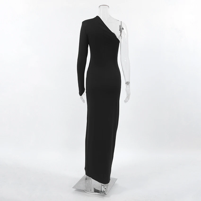 OOTN Long Elegant Dresses for Women Summer One Shoulder Maxi Dress Bodycon Sexy Black Slit Formal Wedding Evening Party Dress
