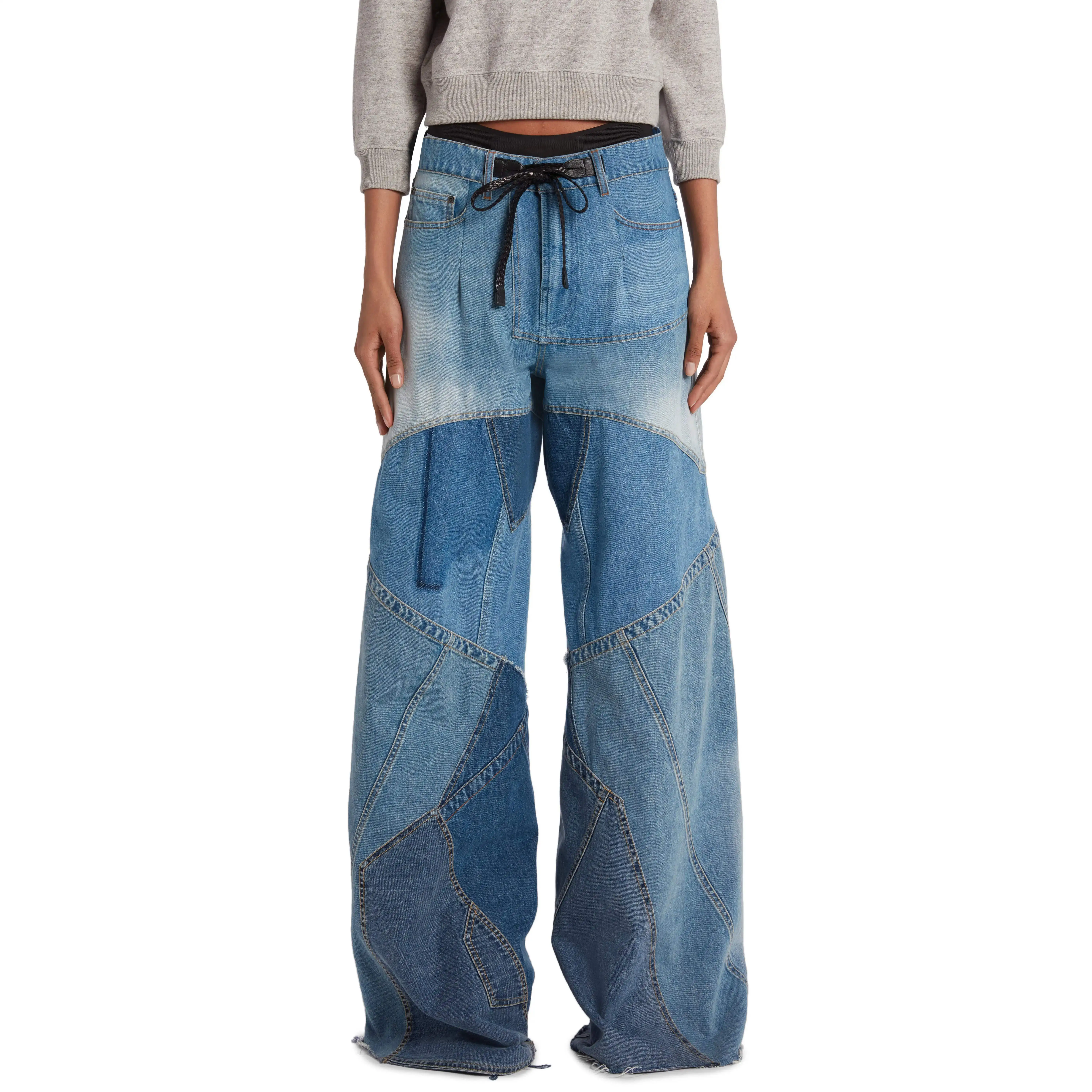Reconstructed  Mismatched Panel Featuring Raw-edge Detailing Wide Leg Jeans  Mix Wash HIGH STREET Design Denim Pants