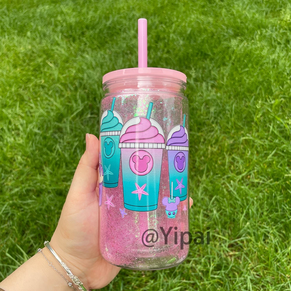 New 16oz Prdrilled BPA Free Kids Safe Double Walled Plastic Snow Globe Cup Outdoor Water Bottle With Color Lid Straw and Stopper