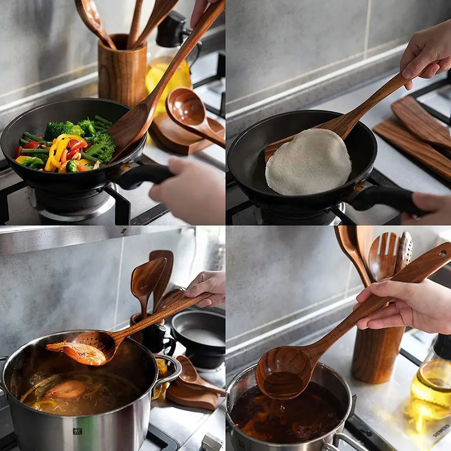 Natural Teak Cooking Set Kitchen Utensil Long Handle Bamboo Wood Soup Spoons Wooden Utensils Set
