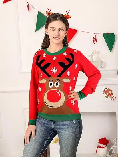 Custom OEM/ODM Long Sleeve Knitted Elk Pattern Men Xmas Sweaters Jacquard Casual Warm Ugly Christmas Women Kids Family Sweaters
