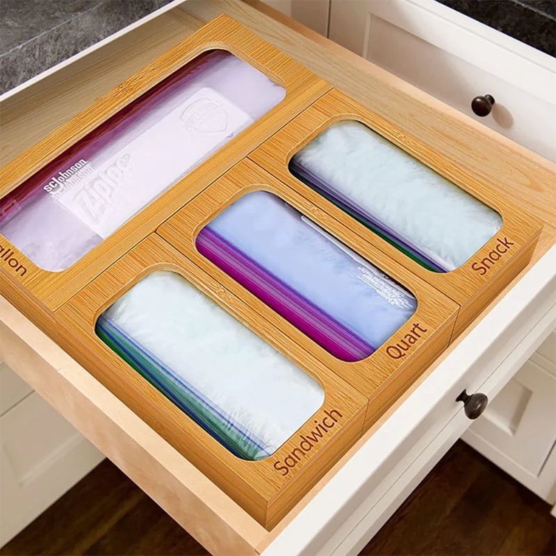 Wholesale Bamboo Aluminum Foil Cling Ziplock Bamboo Storage Boxes Dispenser Sandwich Bag Organizer For Kitchen Drawer