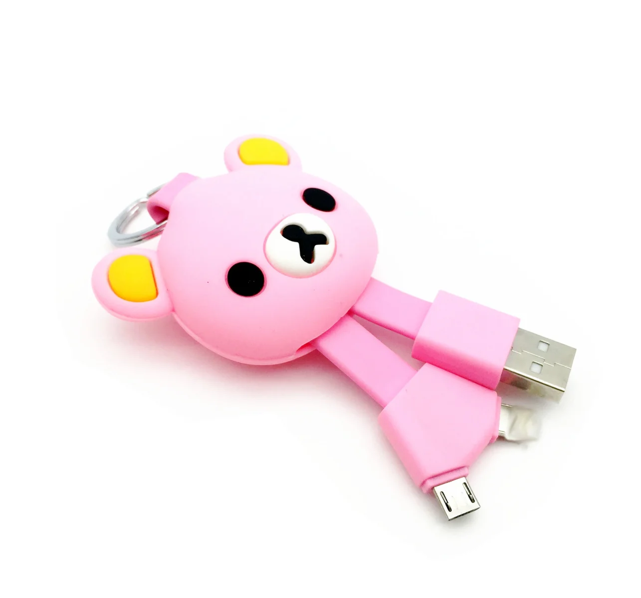 Environmental Silicone Lovely Little Bear Cartoon Silicone USB Keychain 2 in 1 Charge Cable Micro USB Cable 8 Pin for Mobile