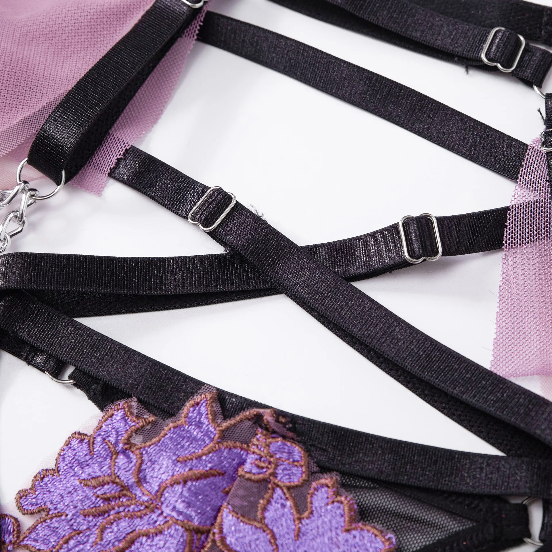 Women Sexy Half Metal Chain Straps Lace Embroidery Corset Bustier Underwear Panties Garter Sexy Bra Set