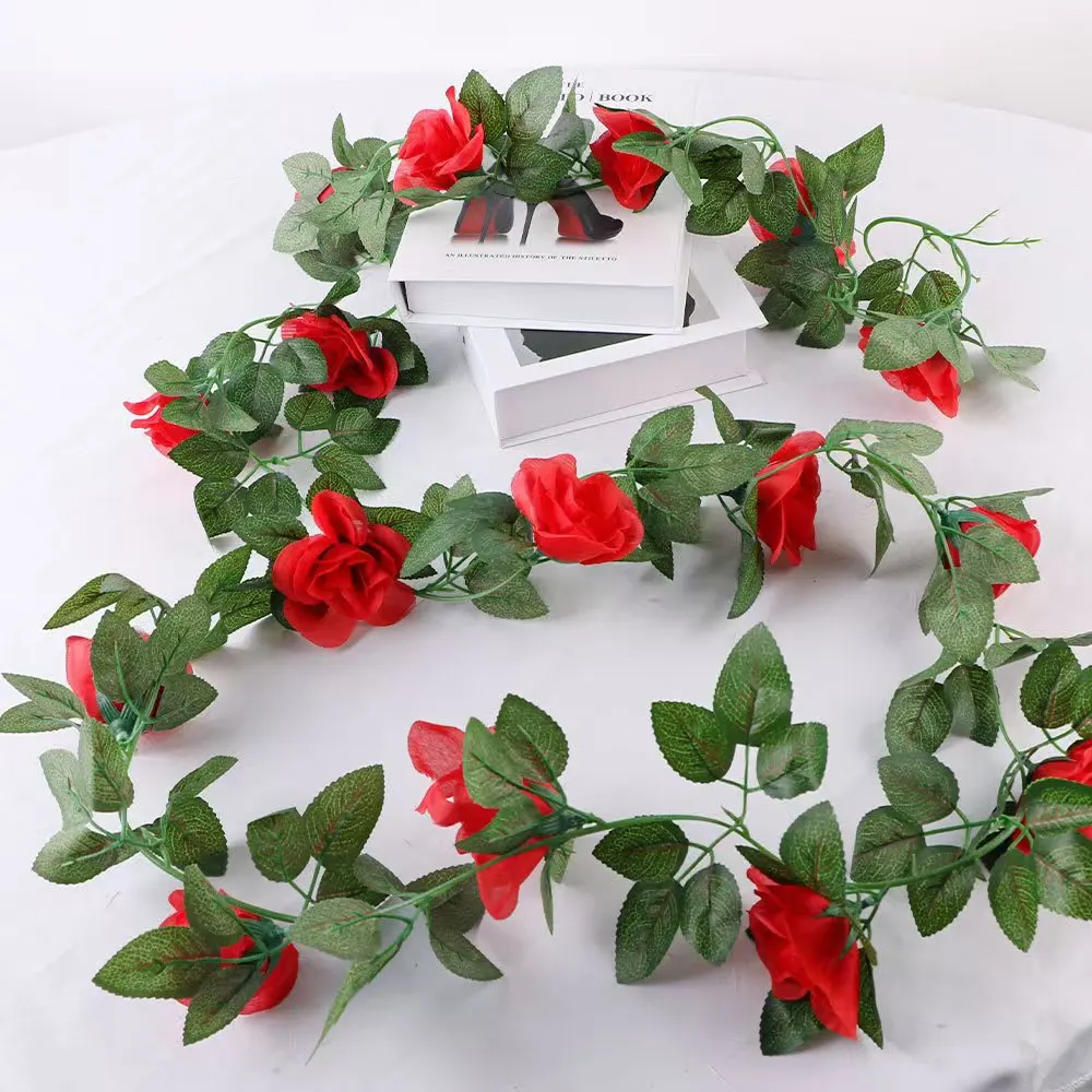 Hot Selling 7.6ft Artificial Flower Rose With Leafs Rattan Vine For Wedding Home Hotel Office Garden Decoration