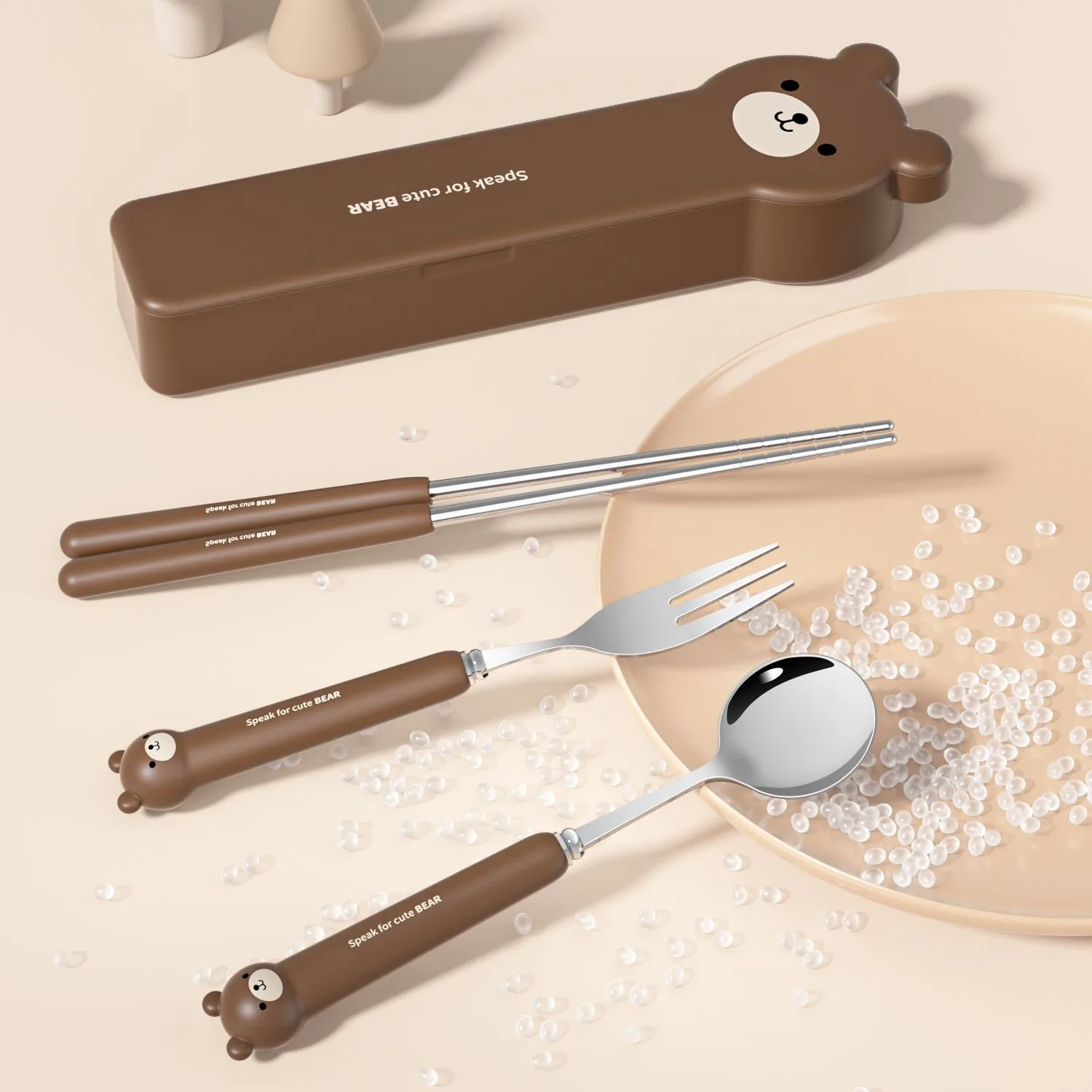 Lovely Bear Kids Cutlery Set Stainless Steel 304 Travel Cutlery Set with Case Children Fork Spoon Chopsticks  Flatware Set