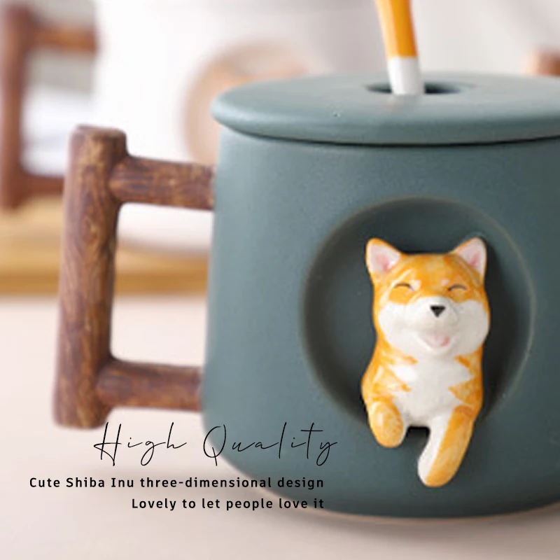 High Quality Custom 420ml Cute Cartoon Office Ceramic Coffee Shiba Inu Mug With Lid And Spoon Gift