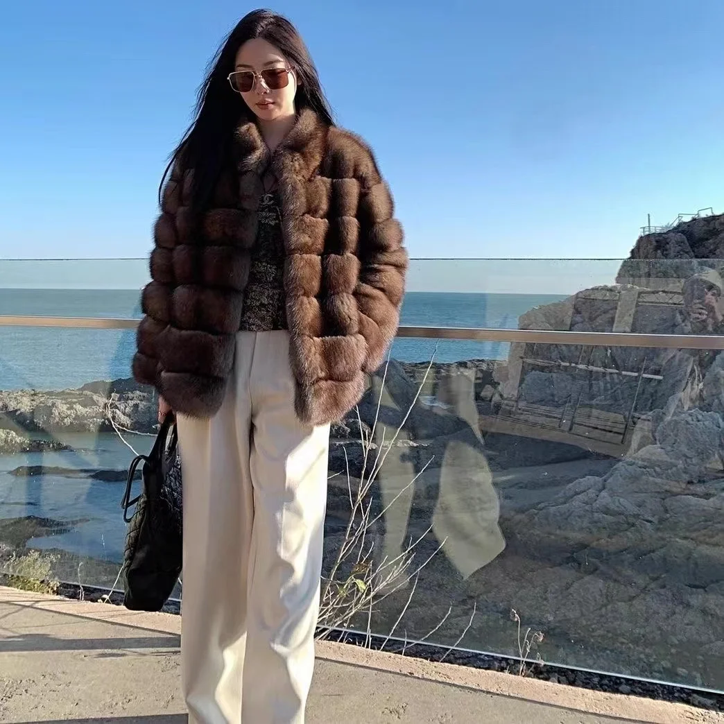 Winter Luxury Russia  New Purple Sable High Grade Sable Fur Jacket Winter Thickened Warm Fluffy Sexy  Stand Collar Faux fur coat